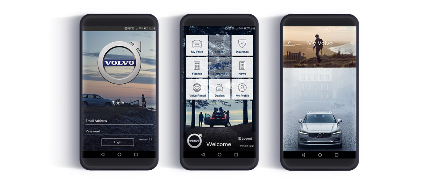 A car displayed on the app screen with another car in the background. Illustrates the Volvo app's car specifications.