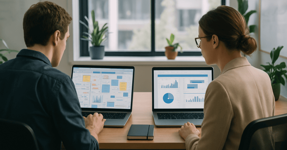 a male and female context engineers working side by side on laptop devices